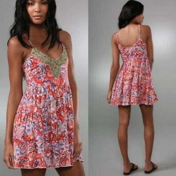 Free People Jeweled Dress Printed Beaded Tiered Ruffle Dress Size Small - Picture 1 of 8